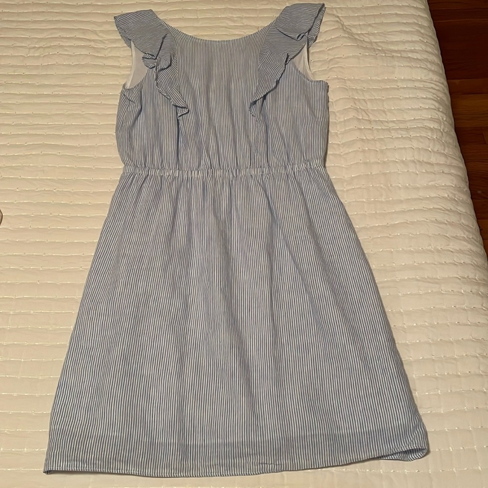 J. Crew Factory Blue and White Stripe Ruffle Sleeve Dress